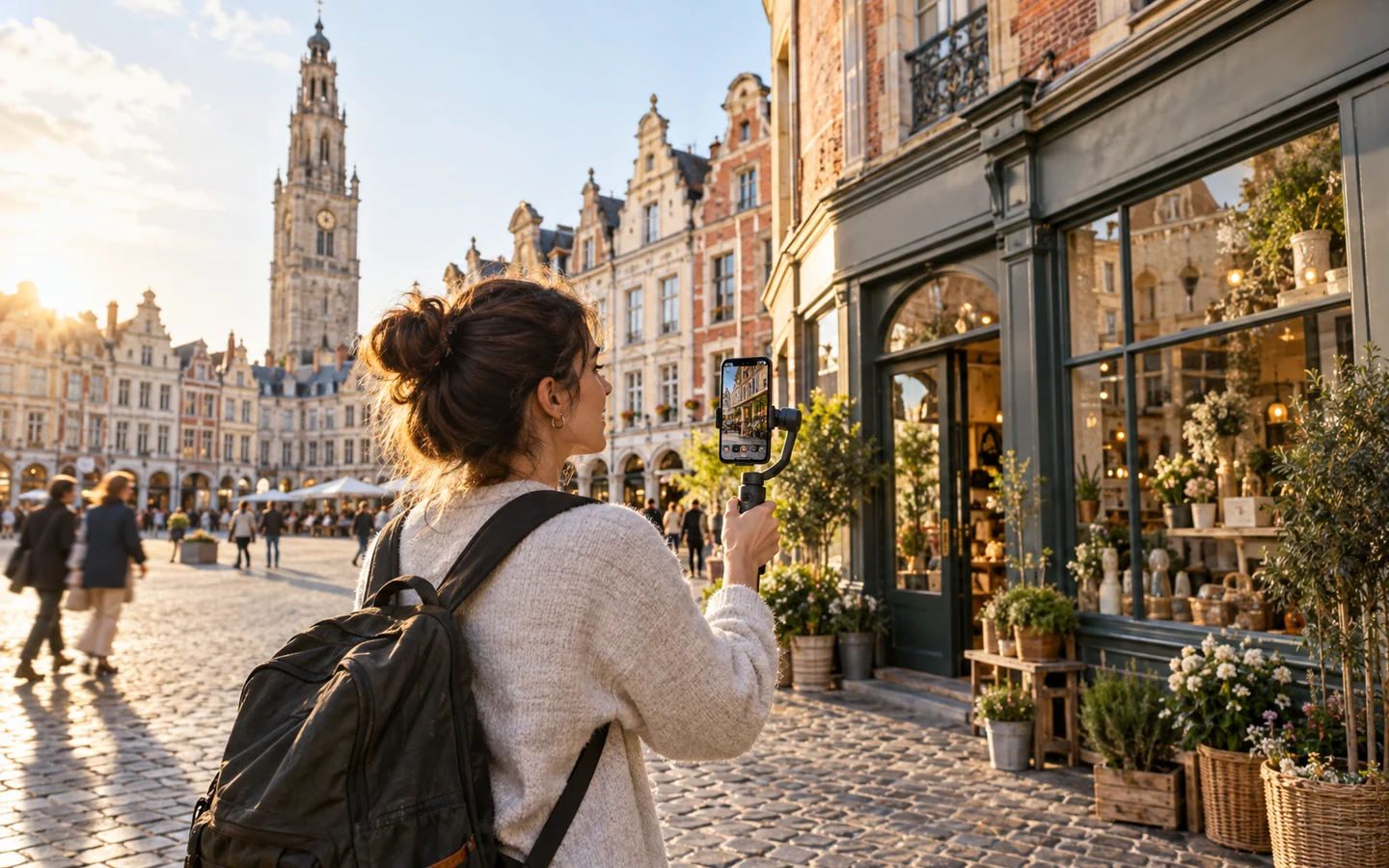 Community manager filmant un contenu vidéo dans une rue du centre d'Arras pour les réseaux sociaux