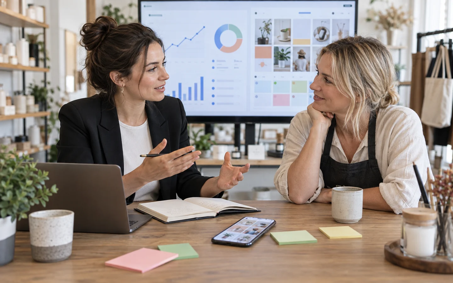 Consultante social media présentant un tableau de bord de performance à une commerçante arrageoise