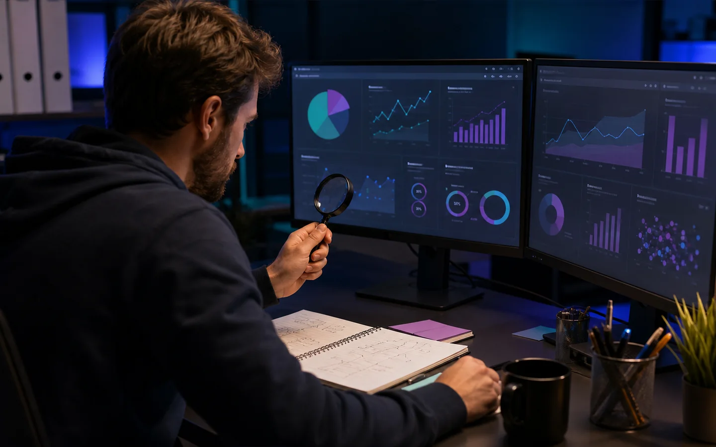 Consultant analysant les indicateurs d’un audit SEO sur plusieurs écrans