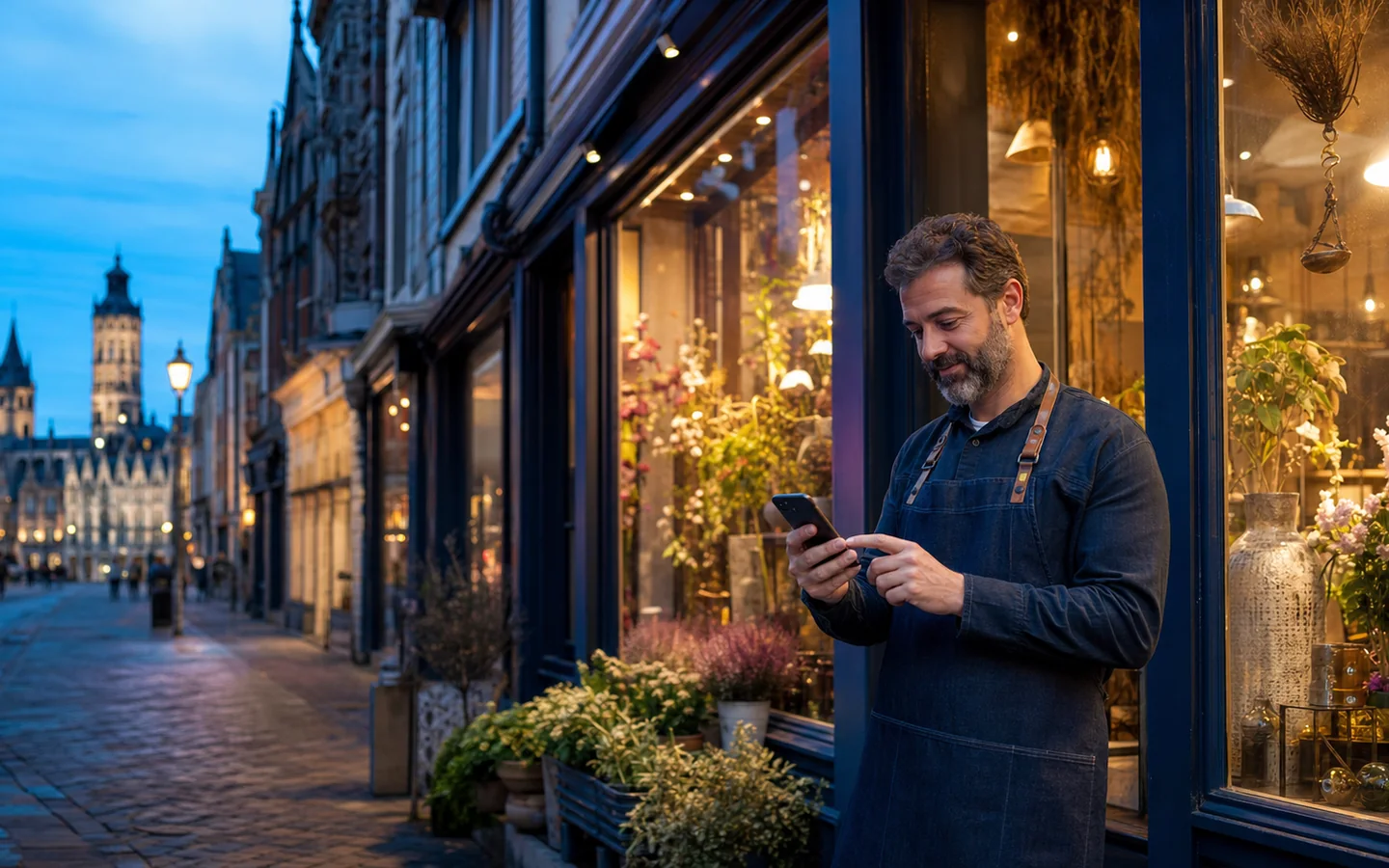 Professionnel consultant sa visibilité locale près de son commerce